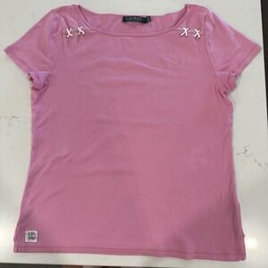 Lauren Ralph Lauren T Shirt Womens Large Pink Short Sleeve Criss Cross Shoulders